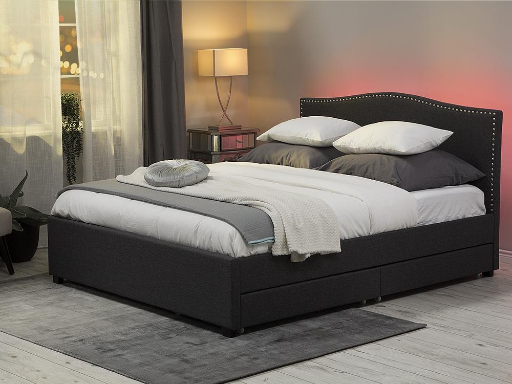 Bed with Storage Drawers Fabric MONTPELLIER 160 x 200 cm (EU King Size) LED Grey