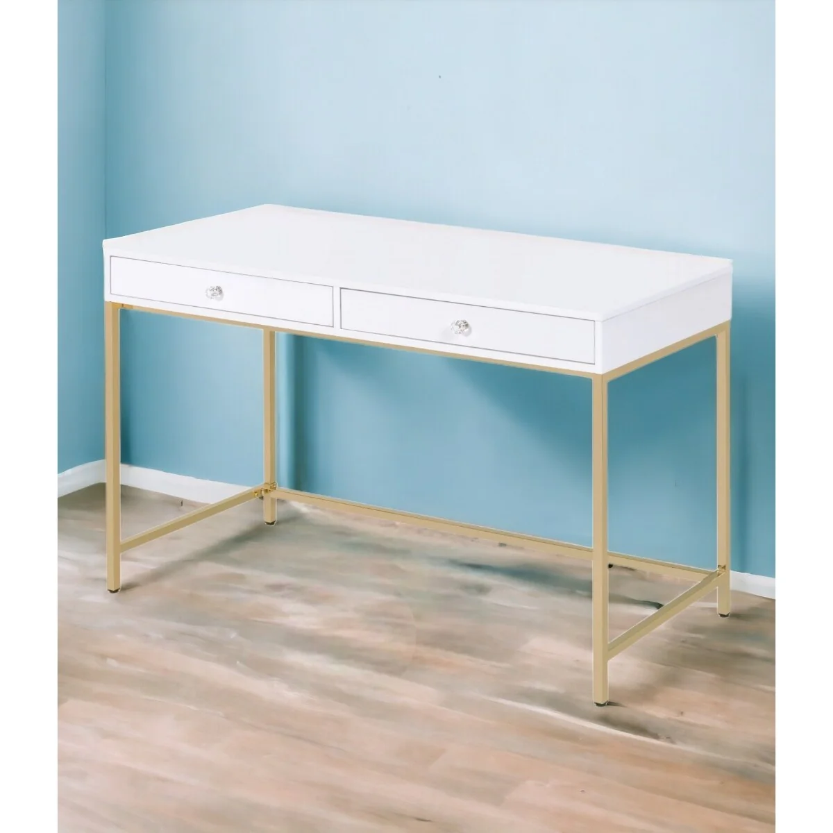 White Wood Glossy Computer Desk with Gold Metal Base and 2 Drawers