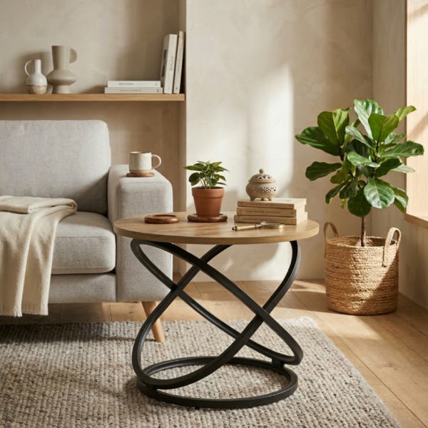 Stolik kawowy Selvia LOFT okrągły 60 cm, blat MDF w kolorze drewna, metal