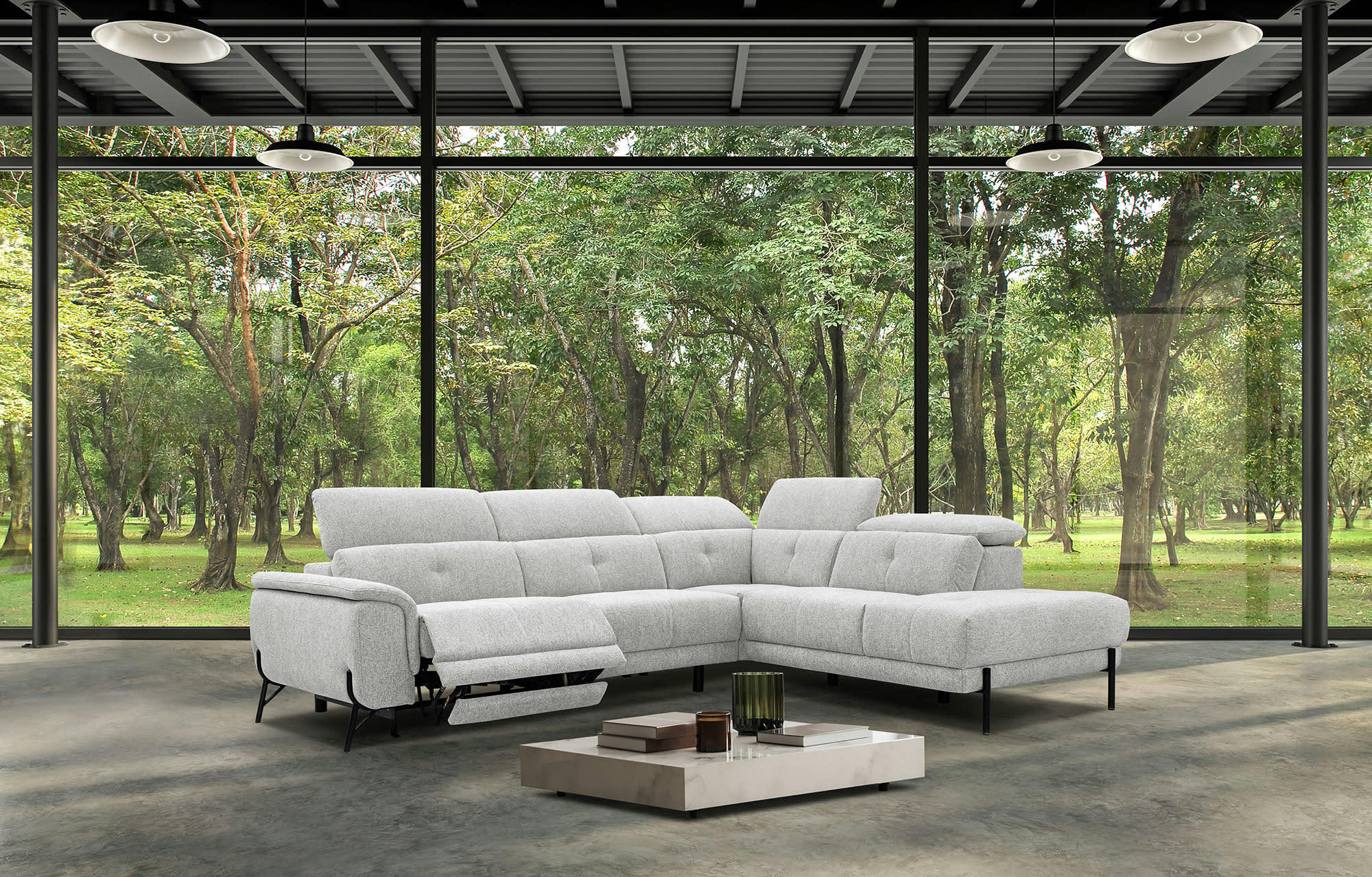 AVENA - Canapé d'angle droit 5 places avec relax électrique tissu beige clair