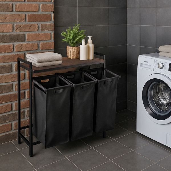 Kosz na Pranie Bieliznę Wąski Czarny z Półką Loft Duży 120 Litrów FINN