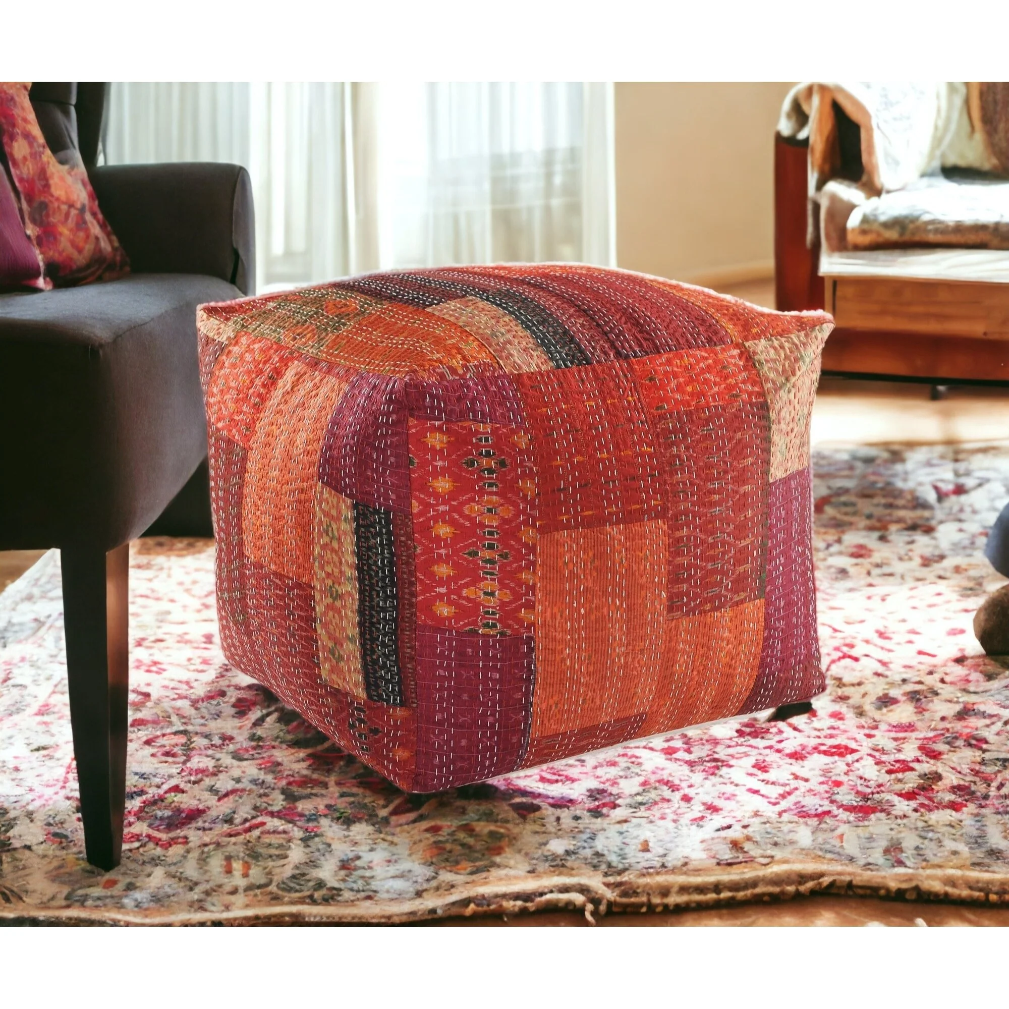24 Square Red Pouf Ottoman with Cotton Blend Upholstery and Modern Patchwork Design Great for Footrest
