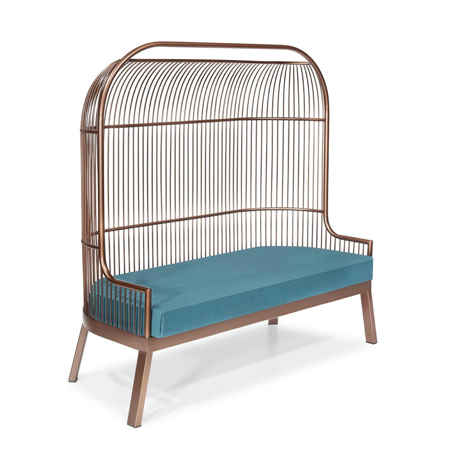 GAIO 2 - Banquette 2 places en métal bronze et tapissée de velours bleu