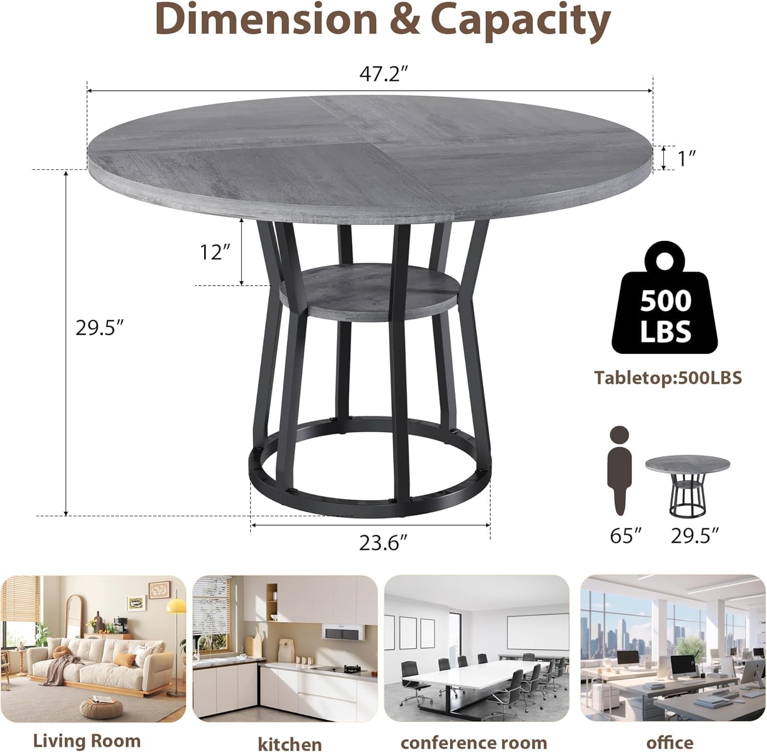 GarveeHome 47 in Inch Round Dining Table for 4, Farmhouse Dining Room Circle Dinner Table,Space Saving Wood Kitchen & Dining Room Furniture, Round Tables with Storage and Metal Legs, Grey (Only Table)