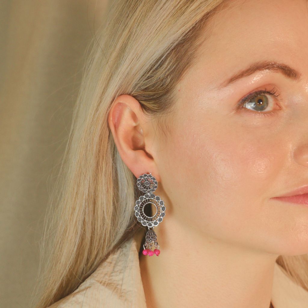 The Colourful Aura Indian Boho Oxidised Drop Ethnic Jhumkis Earrings