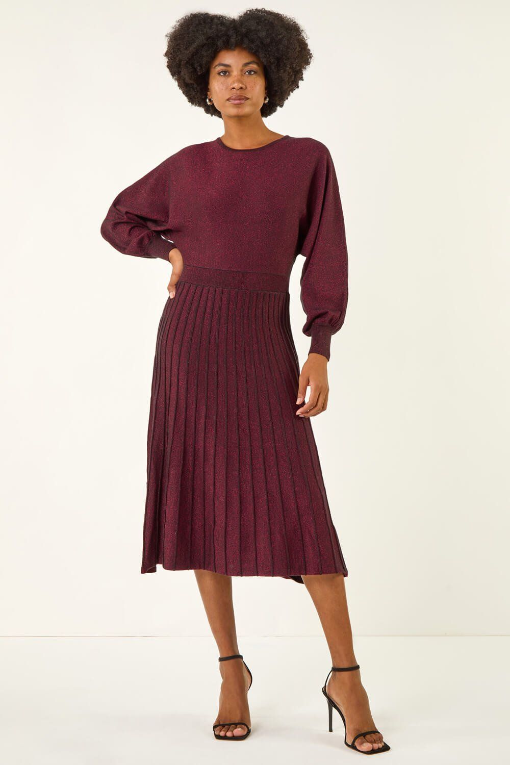 Roman Shimmer Pleated Knit Midi Dress