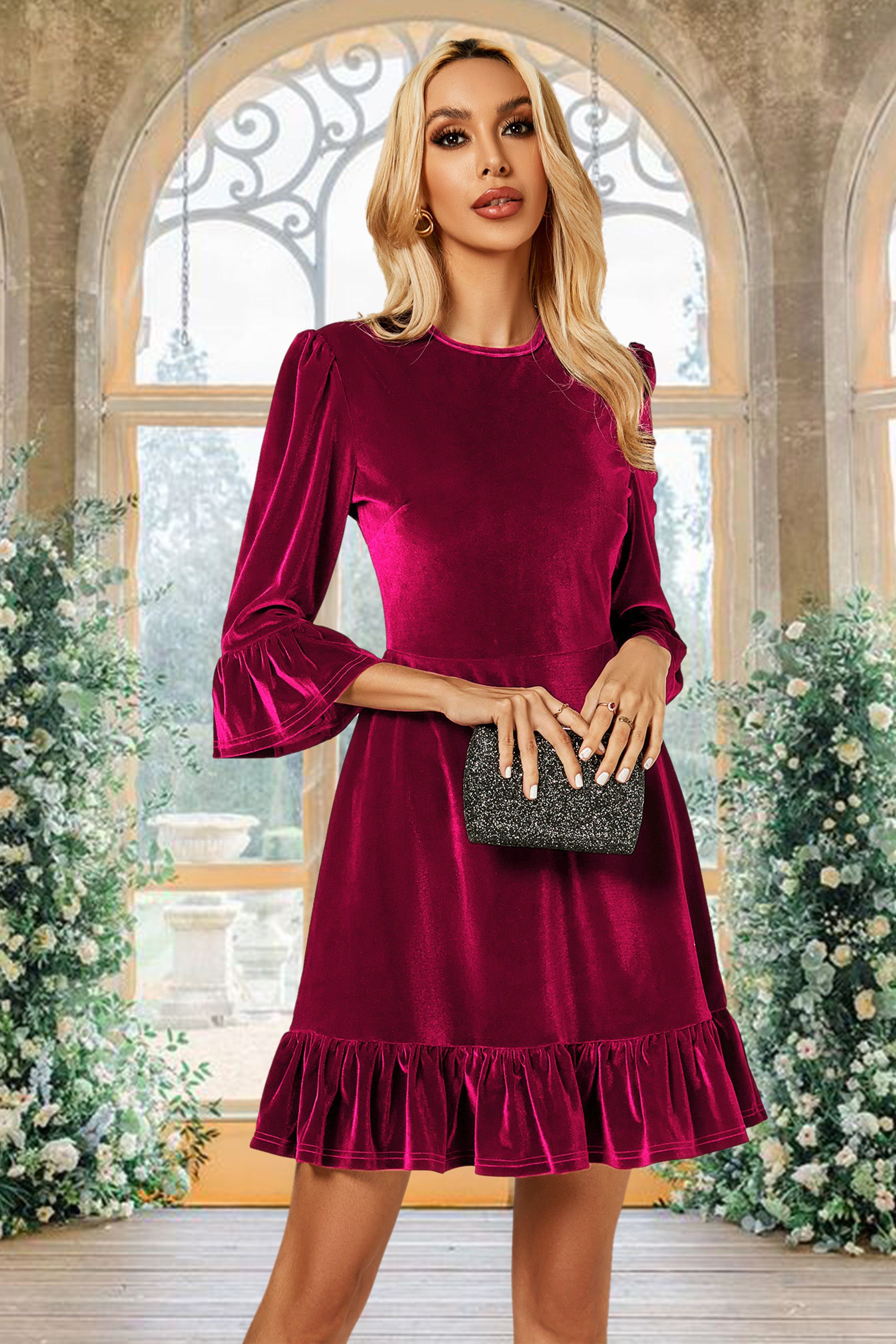 FS Collection Velvet Frill Detail Mini Dress In Violet Red