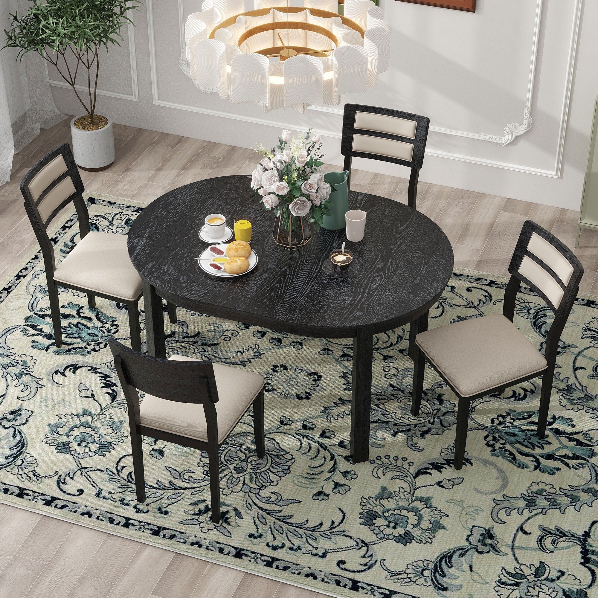 5-Piece Multifunctional Dining Table Set, with Extendable Round Table and 4 Chairs