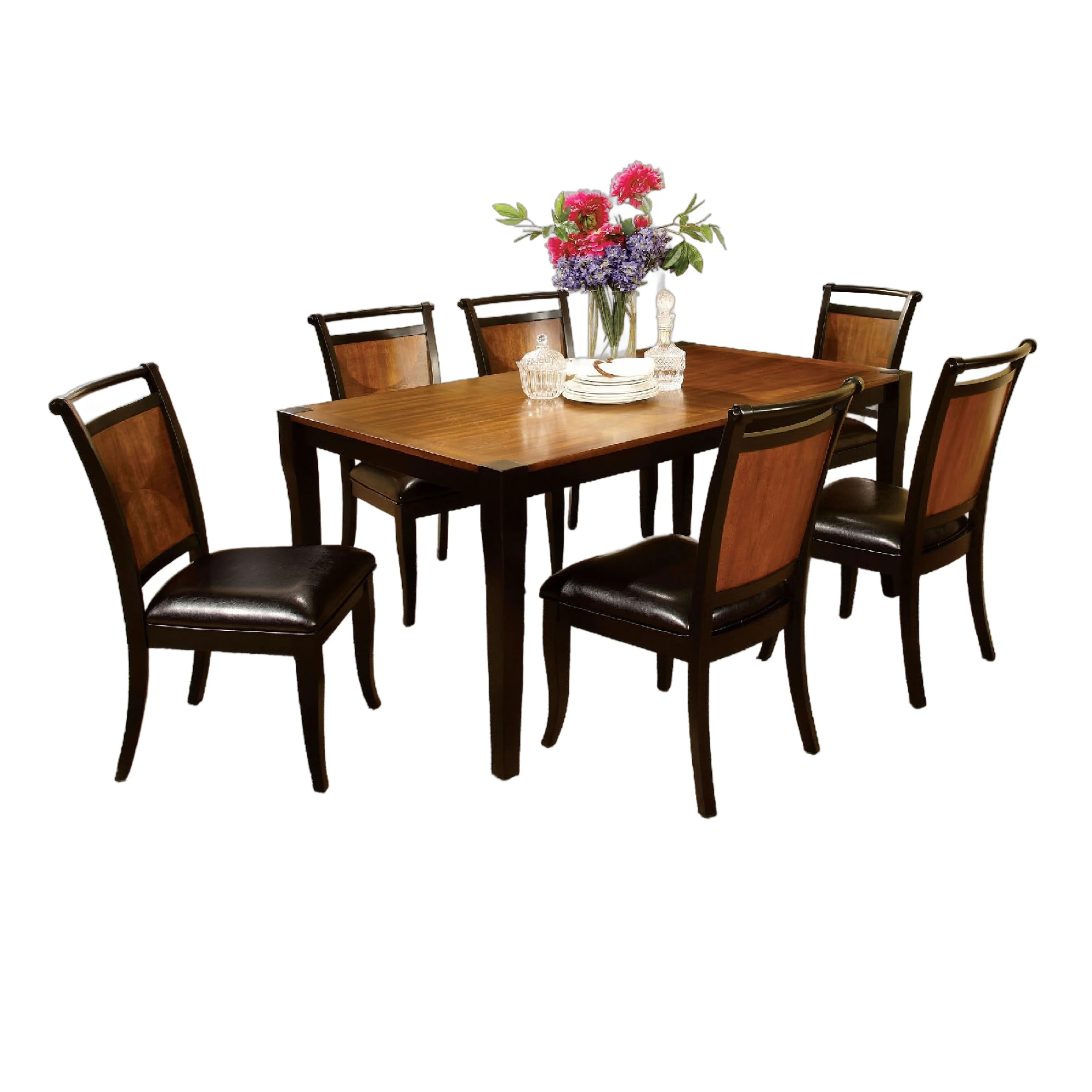 Lida 7pc Dining Table Set with 6 Black Faux Leather Chair, Acacia Wood