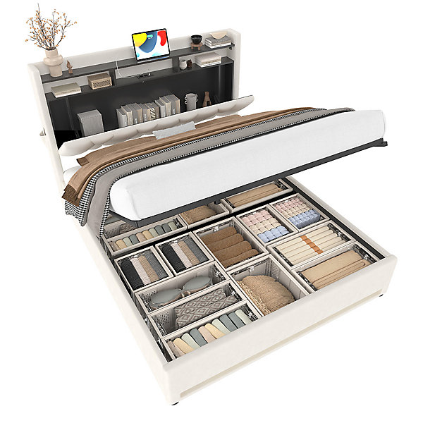Cadre lit rembourré 140x200 cm, LED, USB-C, rangement hydraulique sous lit - beige