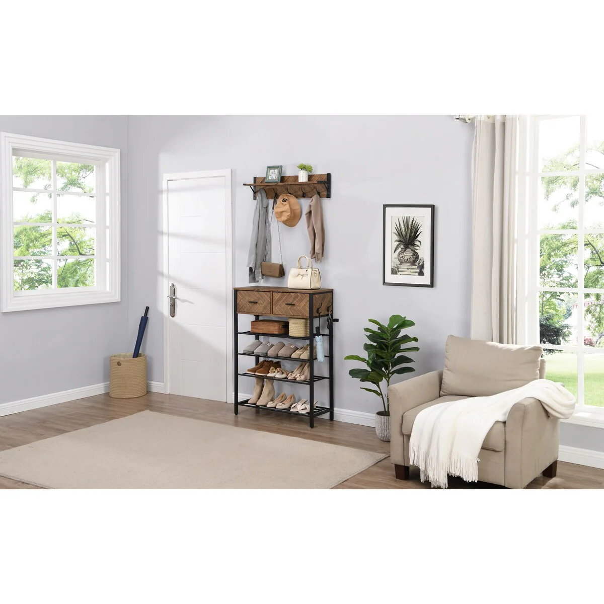 Entryway Coat Rack 4-Tier Thick Iron Shoe Shelf & One Set Entryway Show Rack Hall Tree with 2 Storage Drawers & 5 Wall Hooks