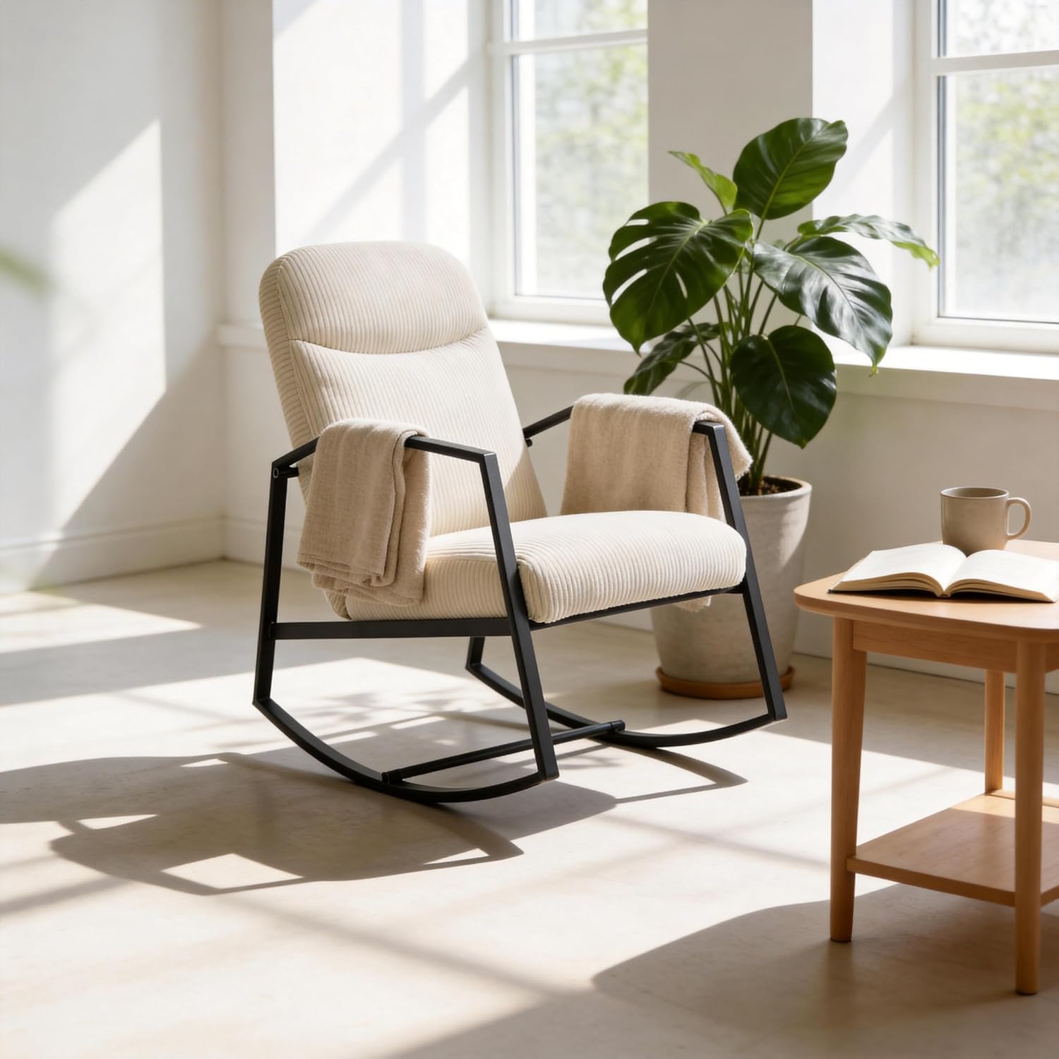 Kinfant Mid Century Modern Rocking Chair, Corduroy Upholstered Accent Chair with Metal Frame, High Back Nursery Glider Rocker, Comfy Reading Lounge Chair for Living Room Bedroom Small Space (Beige)
