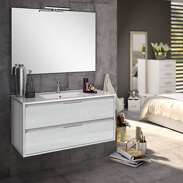 Ensemble meuble de salle de bain 100cm simple vasque   colonne de rangement IRIS - hibernian (bois blanchi)