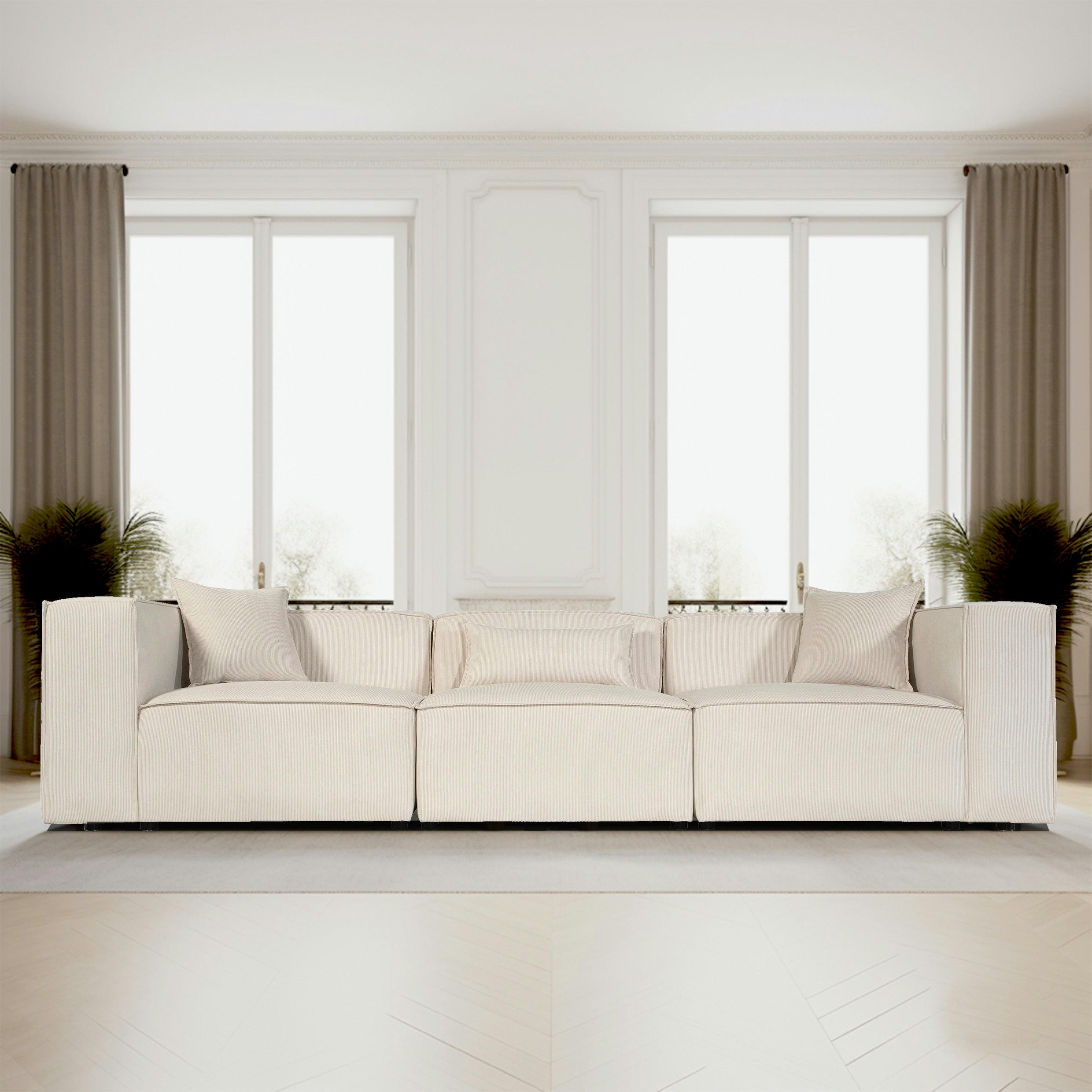 LIVAL - Canapé droit modulable 4 places en velours côtelé beige