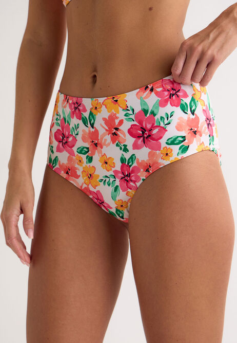 Womens White & Pink Floral Print High Waist Bikini Bottoms
