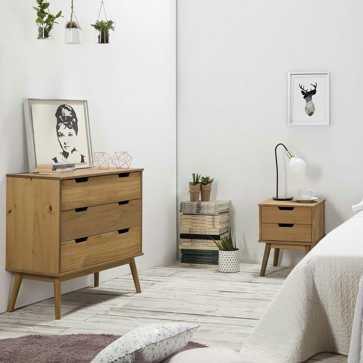 BALI - Commode 3 tiroirs, fabriqué en bois de pin massif