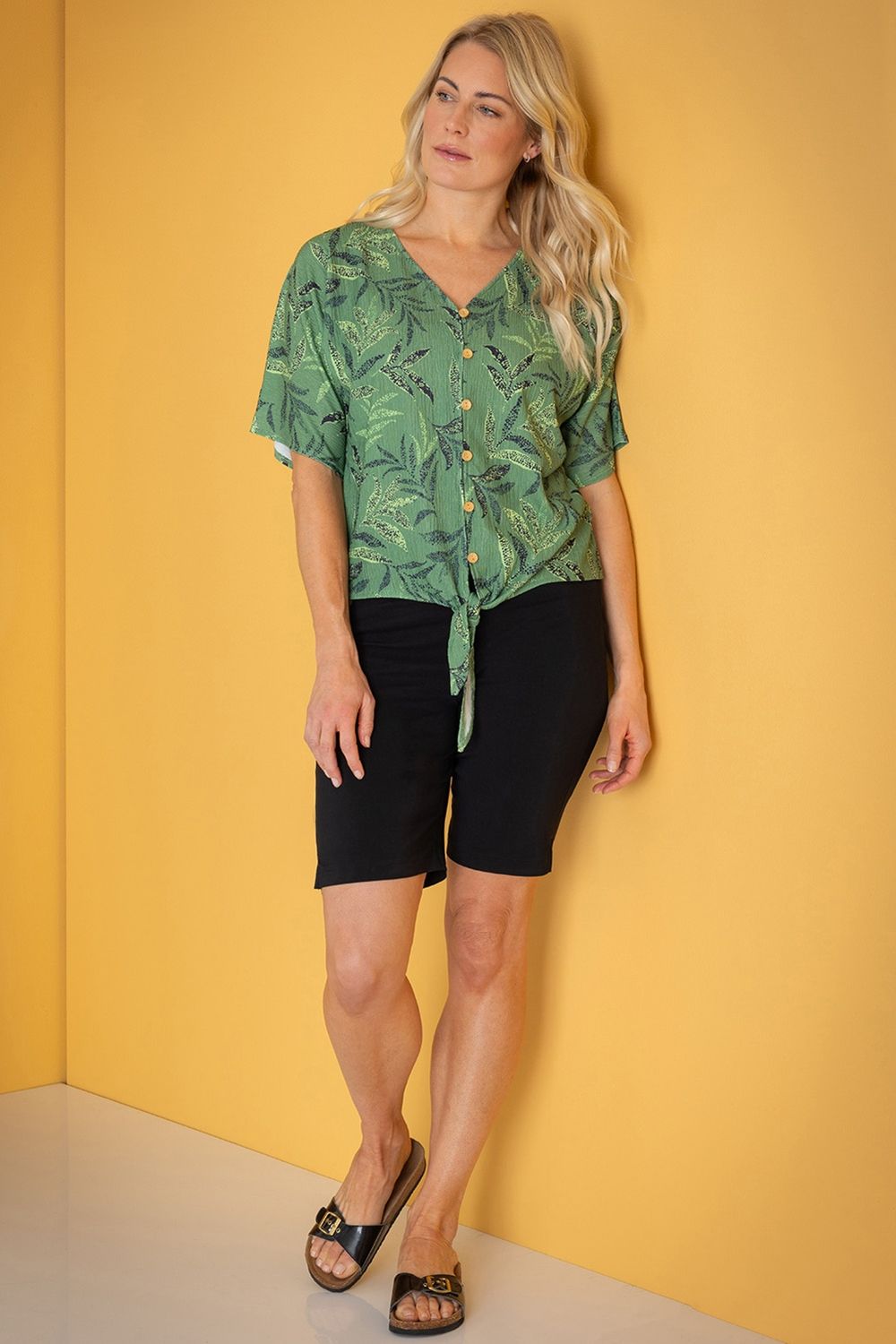 Klass. Leaf Print Tie Front Blouse