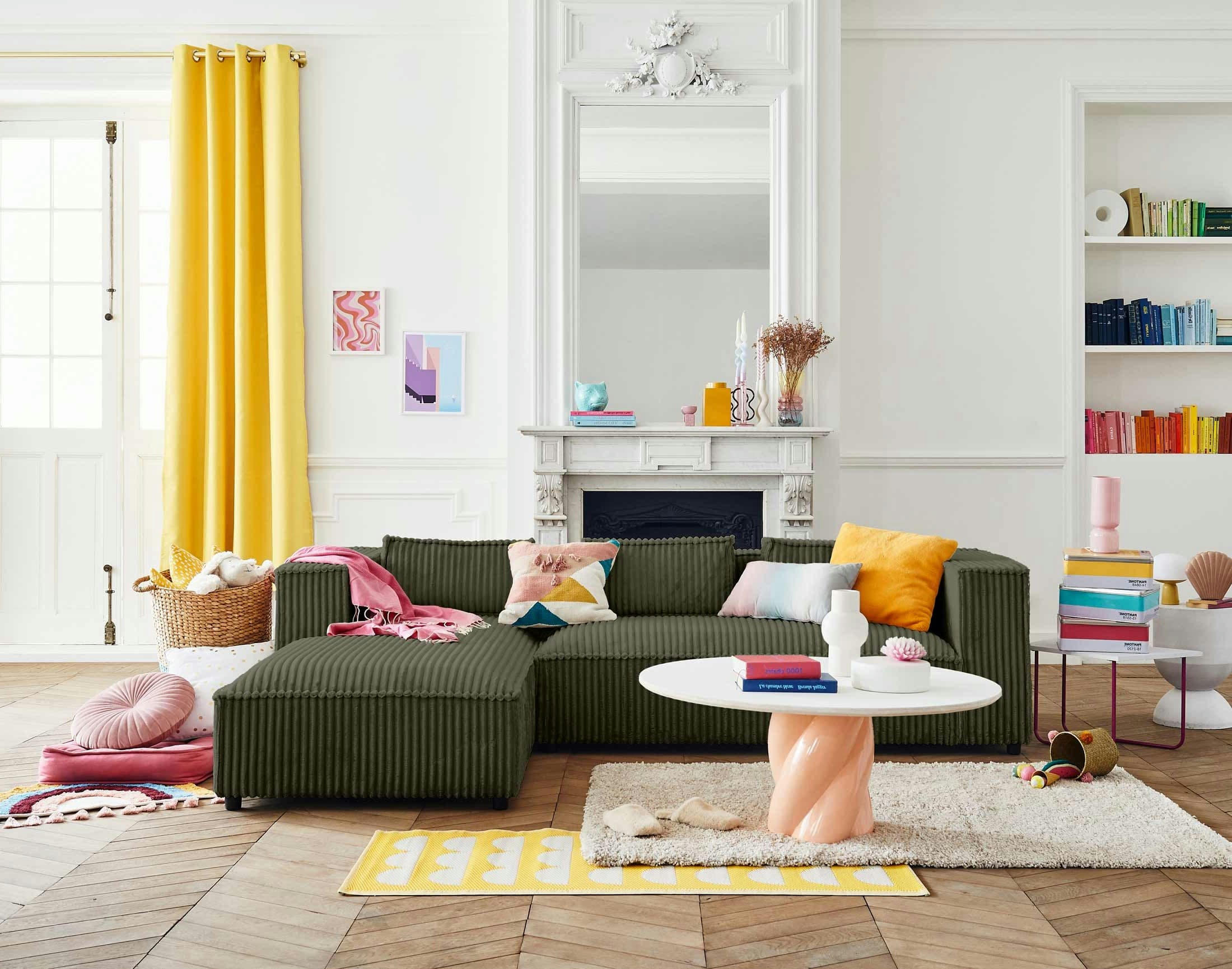 STELLA - Canapé d'angle gauche 4 places en velours grosses côtes vert