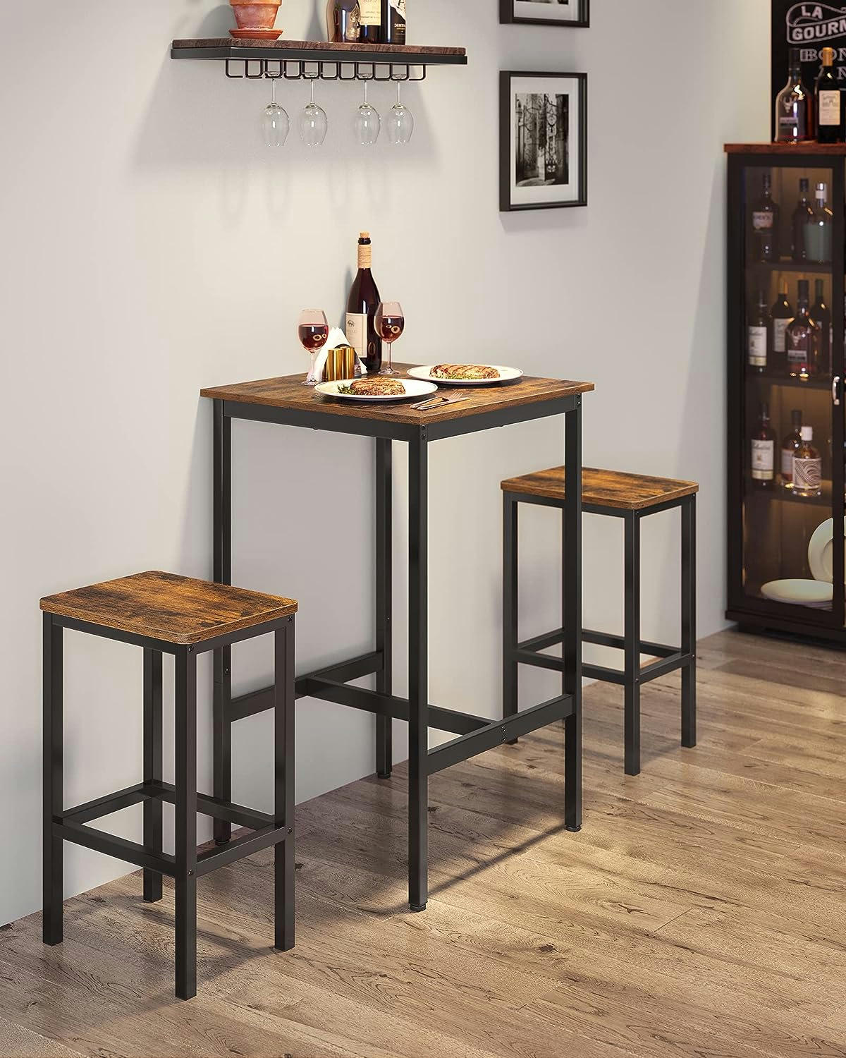 - Table à manger avec 2 bancs effet bois marron rustique et noir