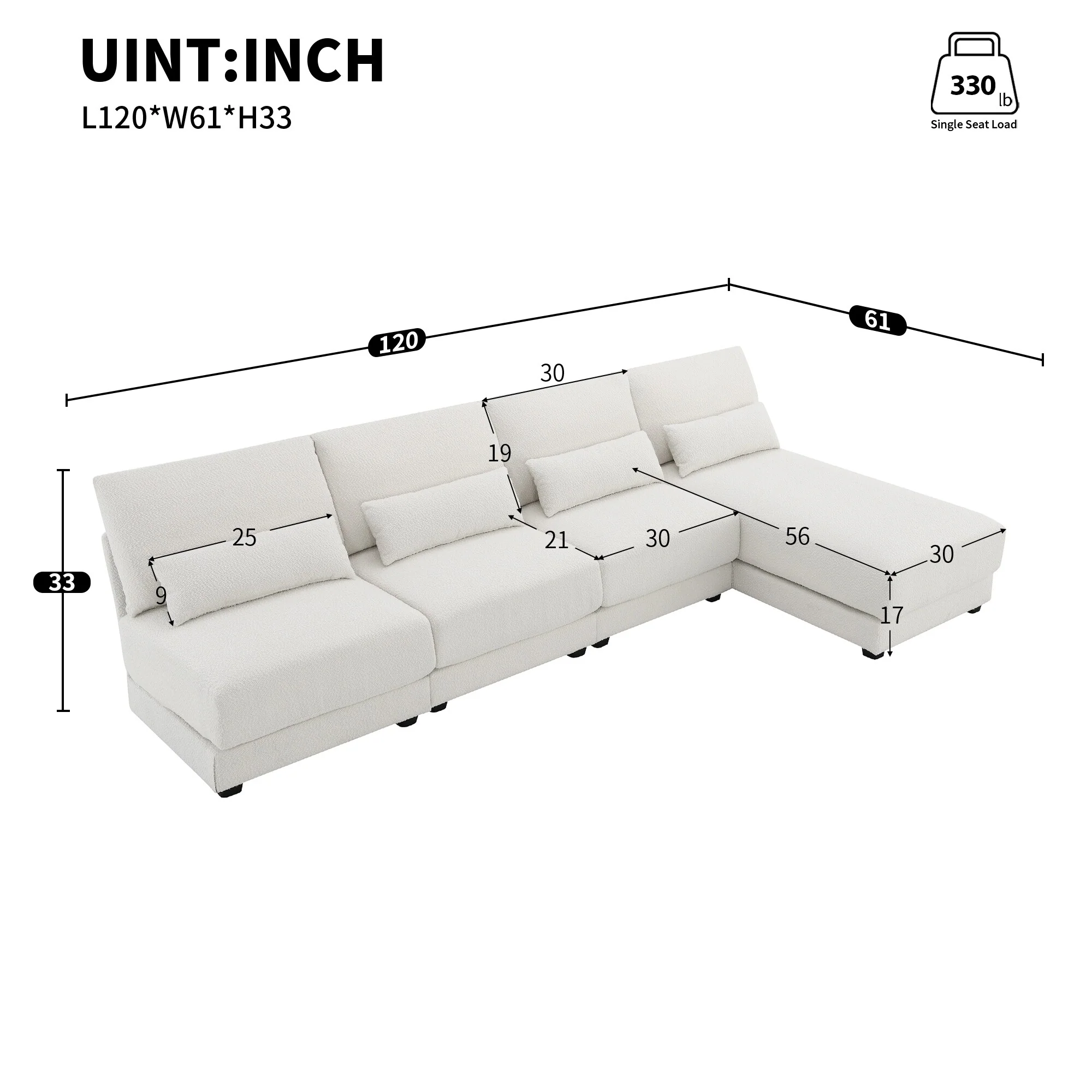 White 120 L-Shaped 4-Seat Sectional Sofa with Reversible Chaise and 4 Waist Pillows, Armless Design for Space-Saving Solutions
