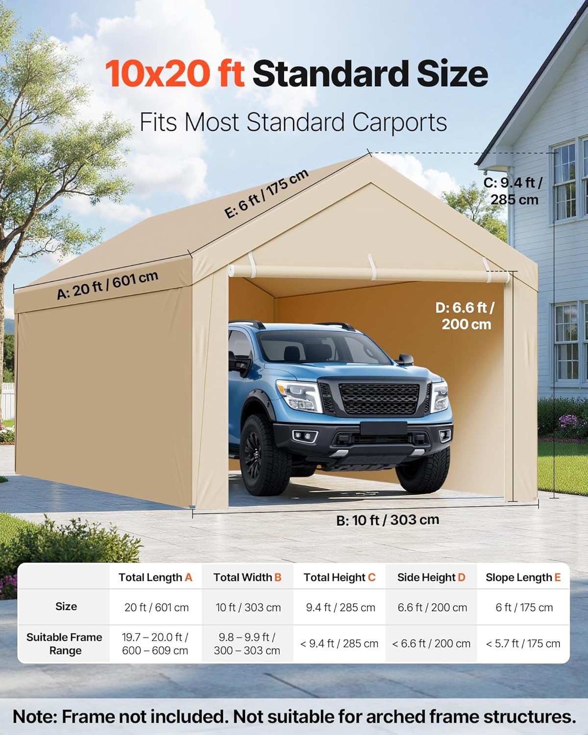 VEVOR Carport Replacement Canopy Cover, 10 x 20 ft Potable Garage Tent Top Tarp with Sidewalls, UV-Resistant & Waterproof, Heavy Duty Car Shelter Tarp with Ball Buggees, Beige, Frame Not Included