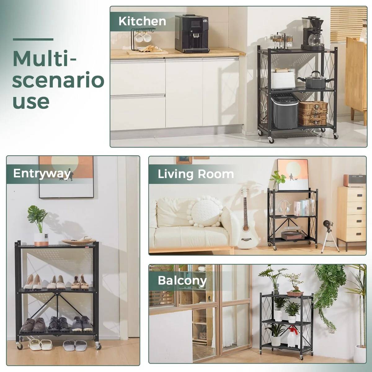 3 Tier Foldable Storage Shelves with Wheels, Kitchen Microwave Carts on Wheels,550 Pound Capacity, 28 x 13.4 x 35.6 inches