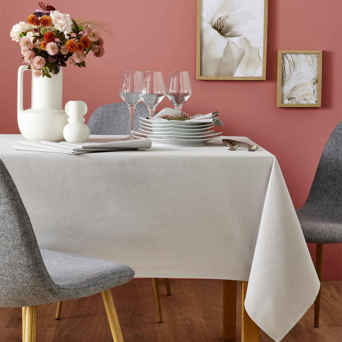 CAMBRAI - Nappe en coton ronde traitee teflon gris tourterelle 180x180