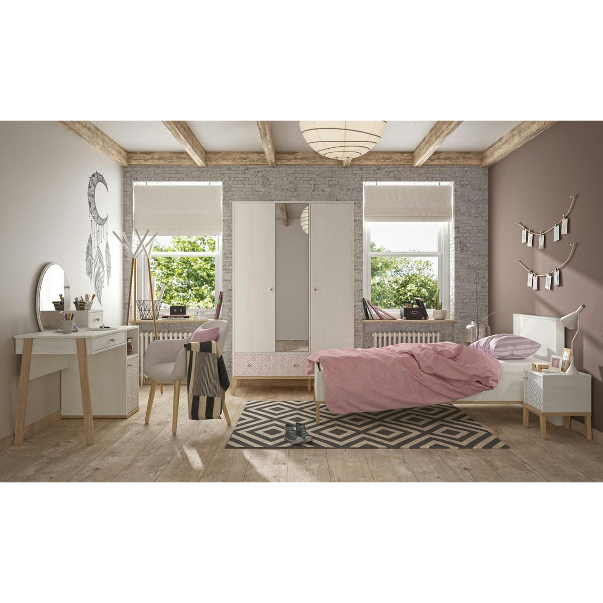 ALIKA - Surmeuble miroir 1 tiroir enfant effet bois beige 89x55x23