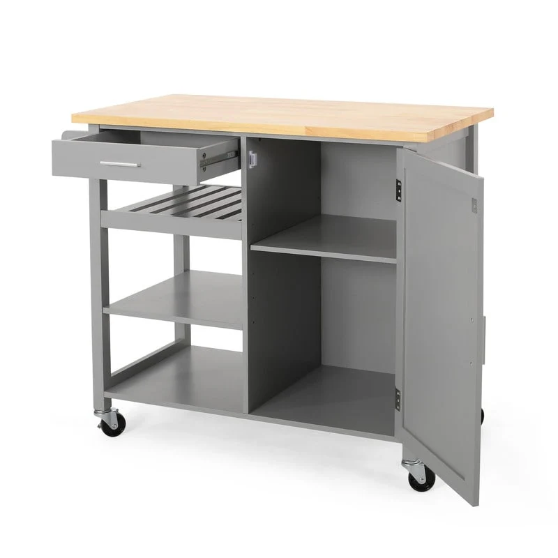 Modern Kitchen Cart with 1 Drawer, 3 Open Shelves, 1 Cabinet with 2 Shelves and a Towel Holder