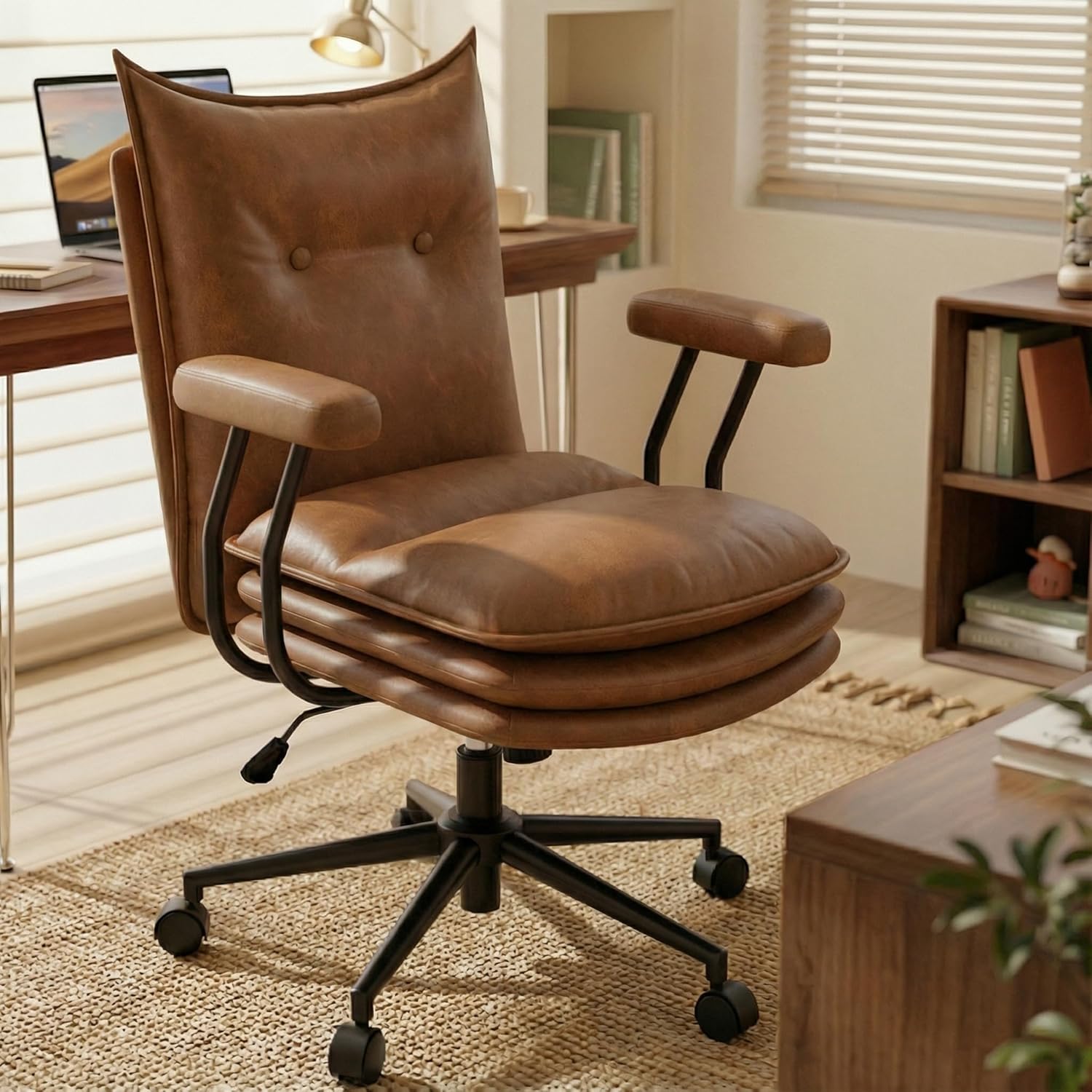 Brown Office Chair with Triple-Layers Thicken Wide Seat, Mid Back Leather Desk Chair with Wheels and Arms, Mid-Century Modern Computer Chair for Home Office