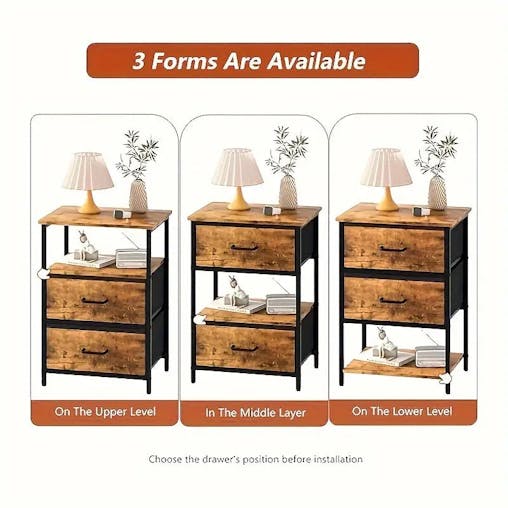 NNETM 3-tiers Bedside Table - Wood Storage Rack
