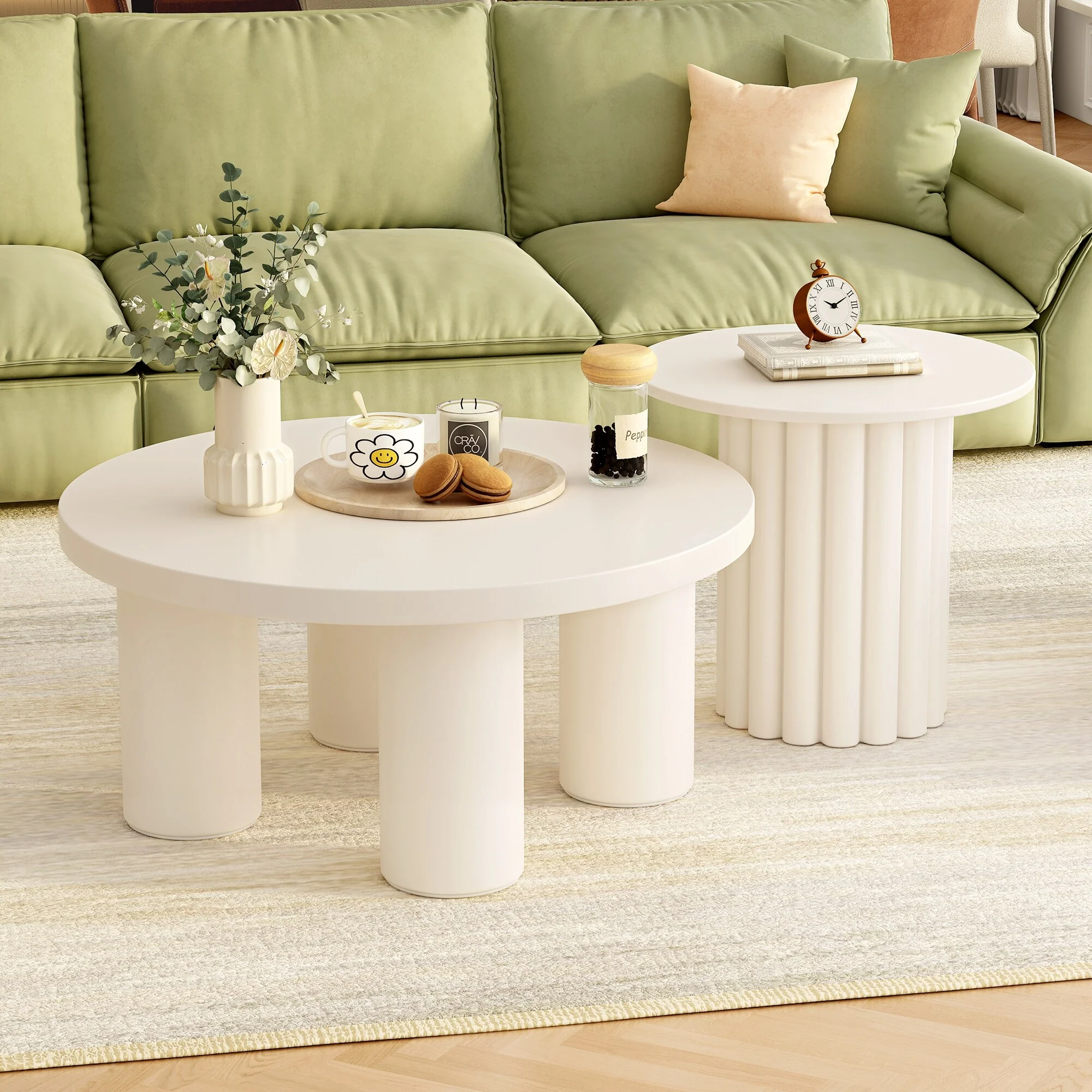 Coffee Table Set of 2, Round Nesting Coffee Table with Cylindrical Legs, Large White End Table and Small Side Table Set
