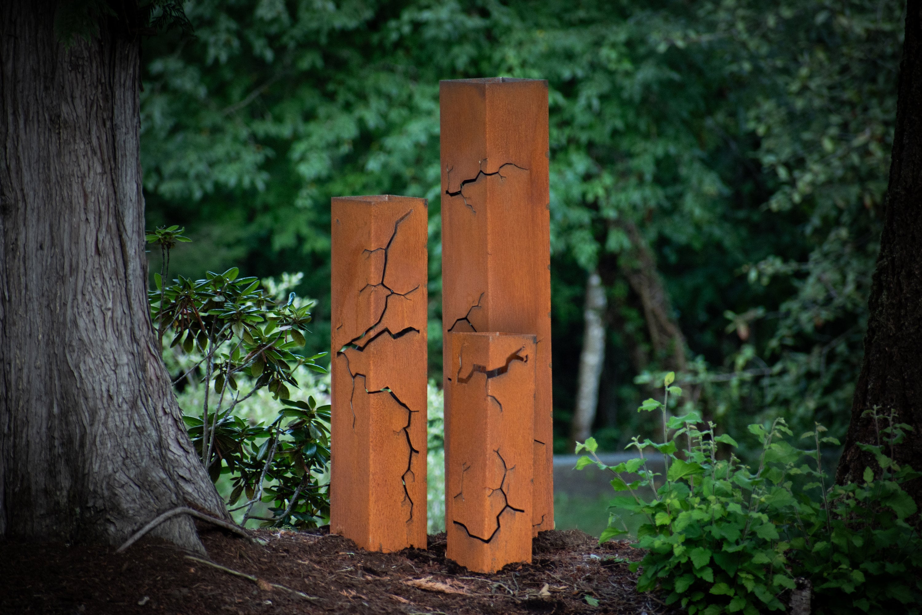 Fractured Garden Column, Landscape Art, Planter, Lighting Box, Metal Garden Lantern, Steel Bollards | C426