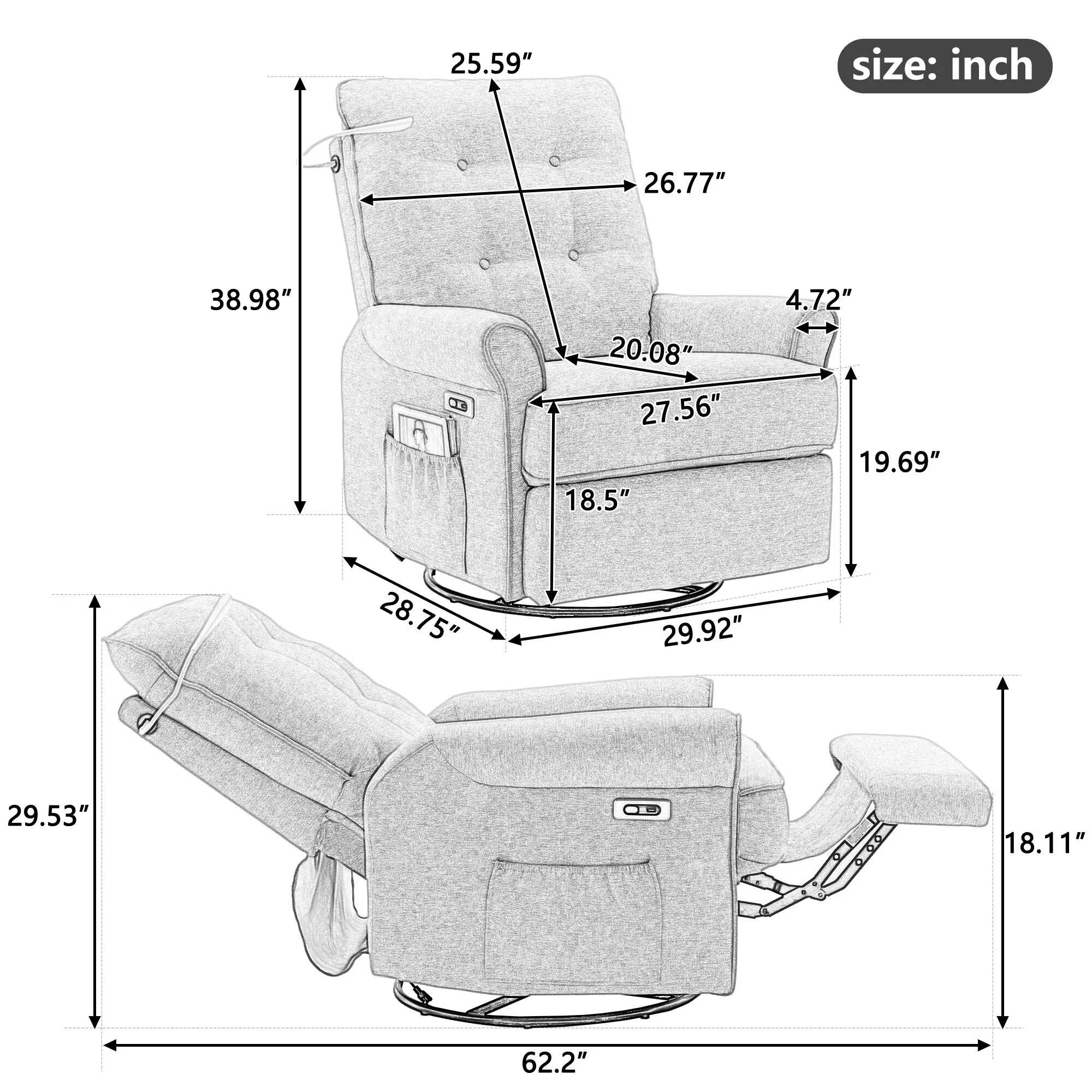 270° Swivel Recliner with USB Ports, Touch Lamp, Side Pocket Storage, and Rocking Base