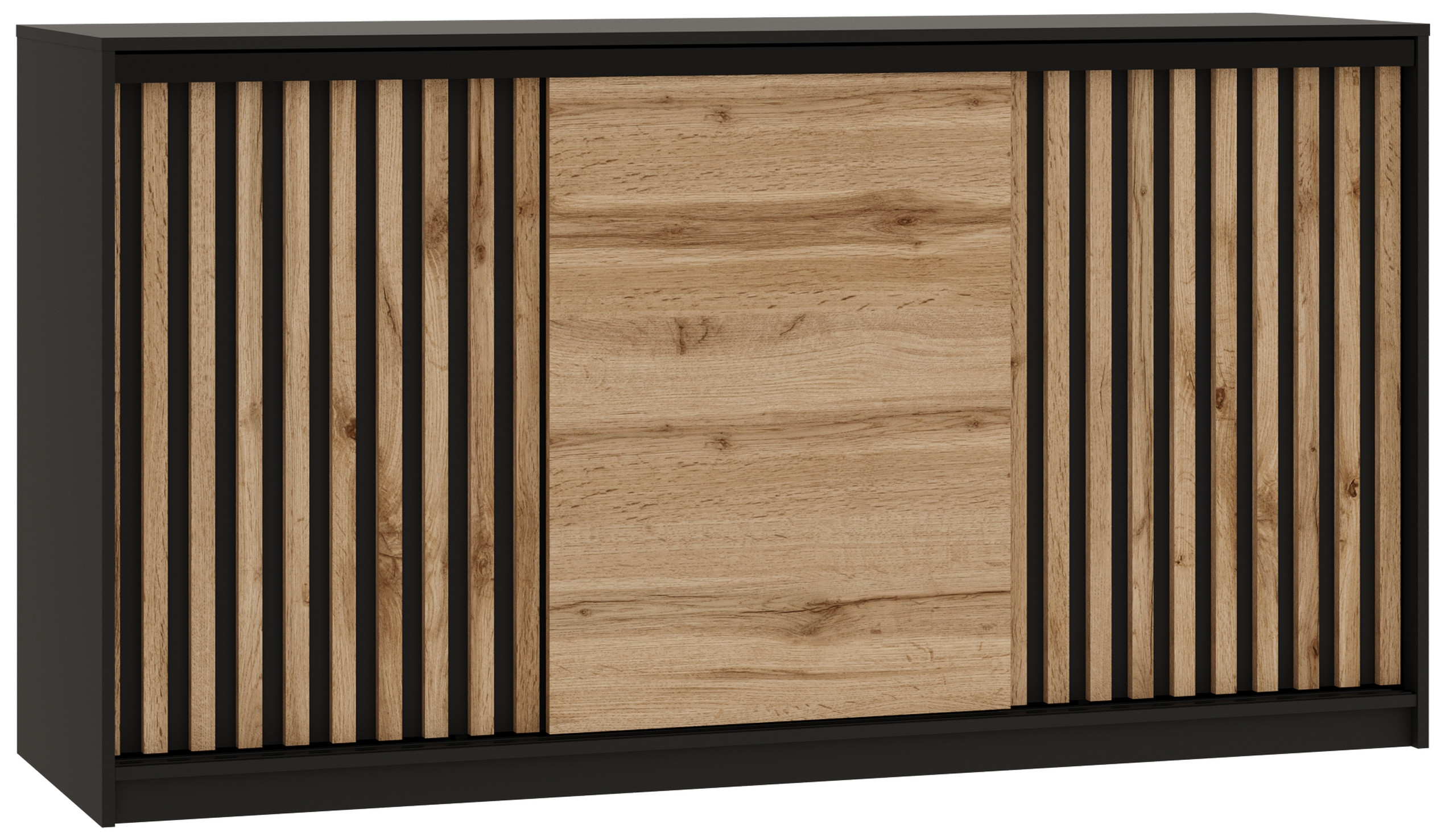 Komoda przesuwna z lamelami 180 cm LOFT czarny / dąb wotan