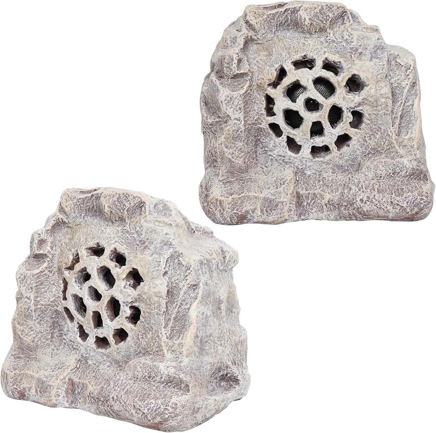Alpine Corporation 11 Weather-Resistant Solar Bluetooth Outdoor Speakers, Wireless Rock Look Finish 50-Foot Range Audio, Set of 2 - Beige