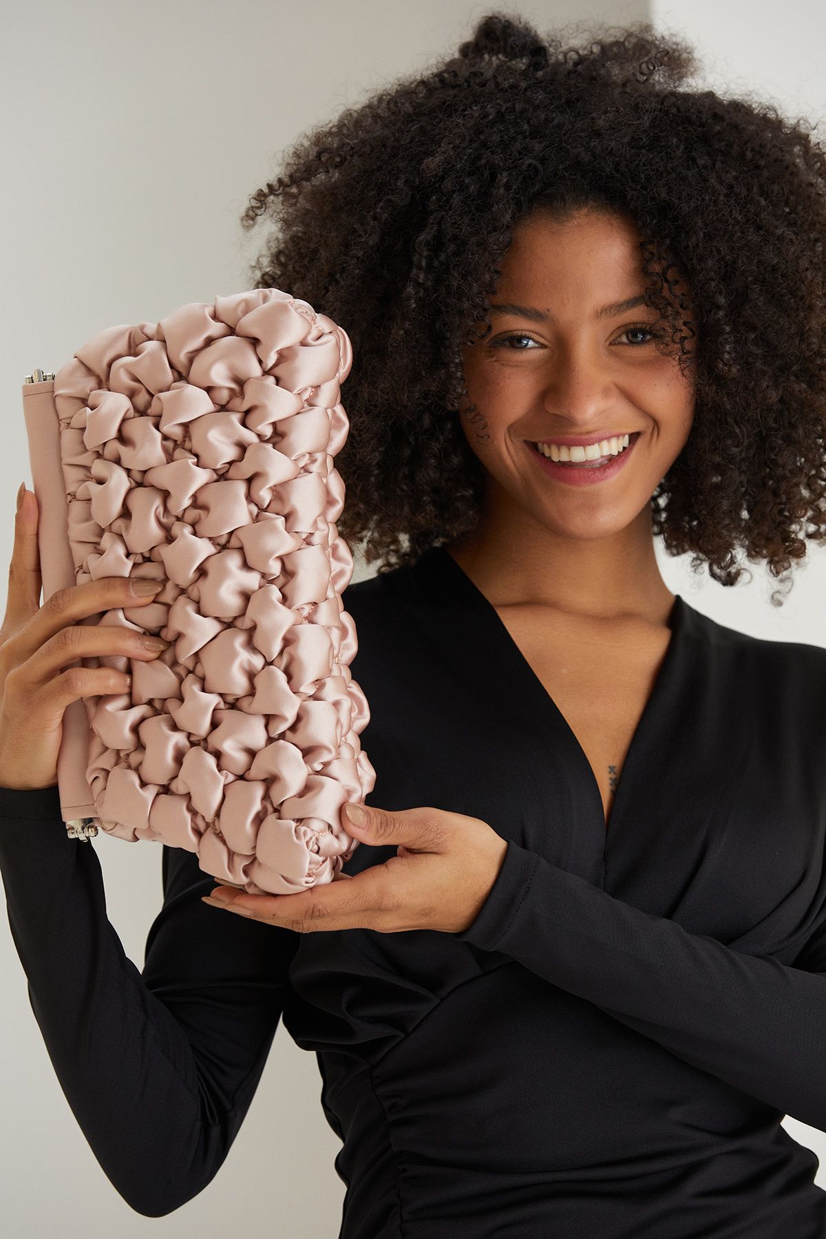 Belissh Puffy Quilted Satin Clucth Bag with Detachable Crossbody Strap