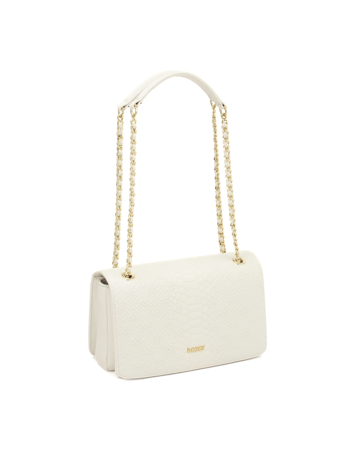 White leather handbag with embossed pattern flap