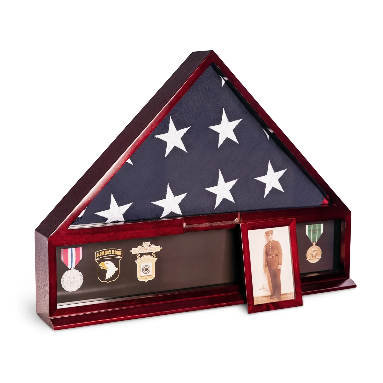Handcrafted Military Flag and Medal Display Wood Case - Large