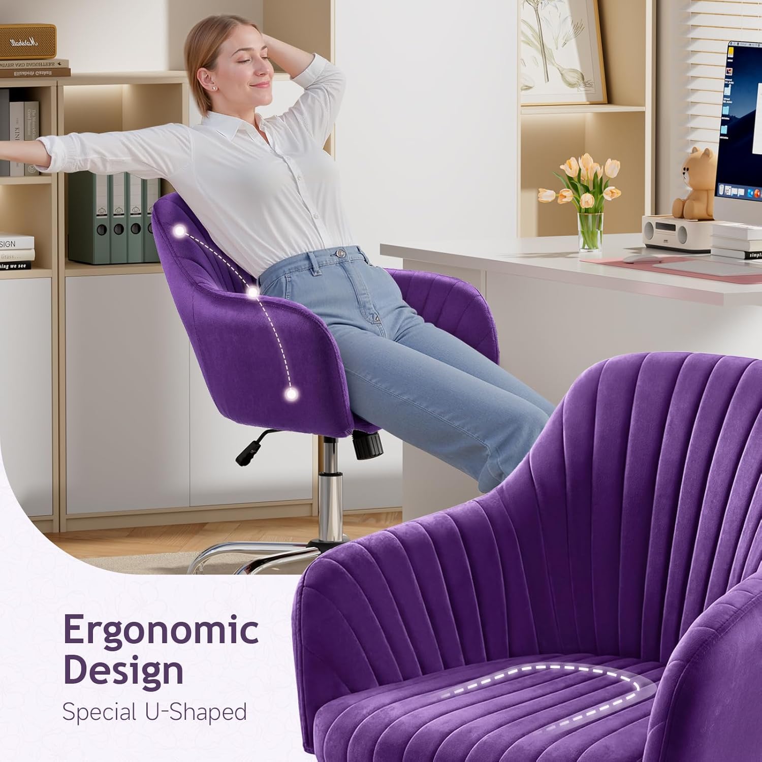 Warmiehomy Office Chair, Velvet Desk Chair for Home Office, Cozy Vanity Chair, Girl Cute Makeup Chair with Arm Rest for Bedroom Dressing Room (Velvet Plum Purple)