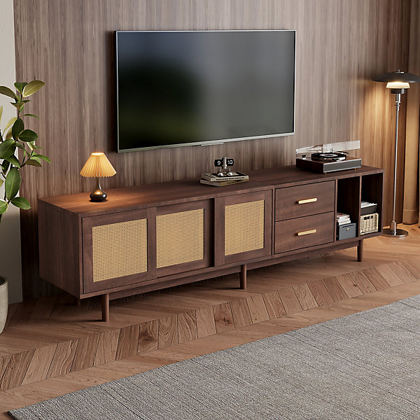 Meuble TV avec 2 Tiroirs et 2 Portes en Rotin Tressé, Pour écran Jusqu'à 80 Pouces, 190x40x52 cm - Brun