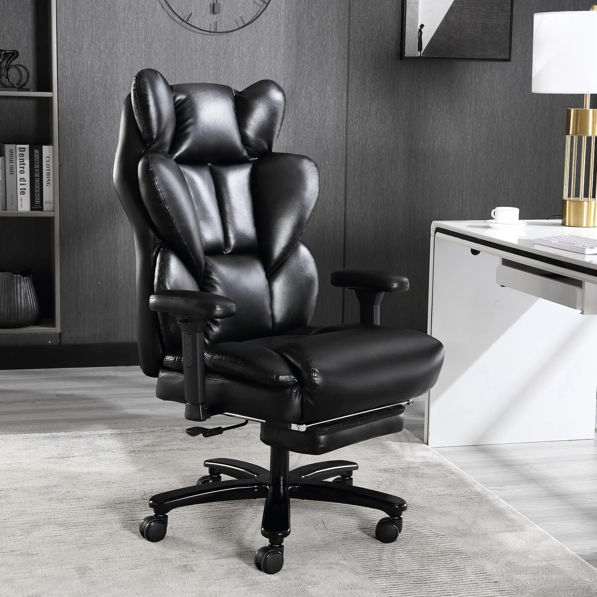 PU Leather Reclining Office Chair with Retractable Footrest and Liftable Padded Armrest