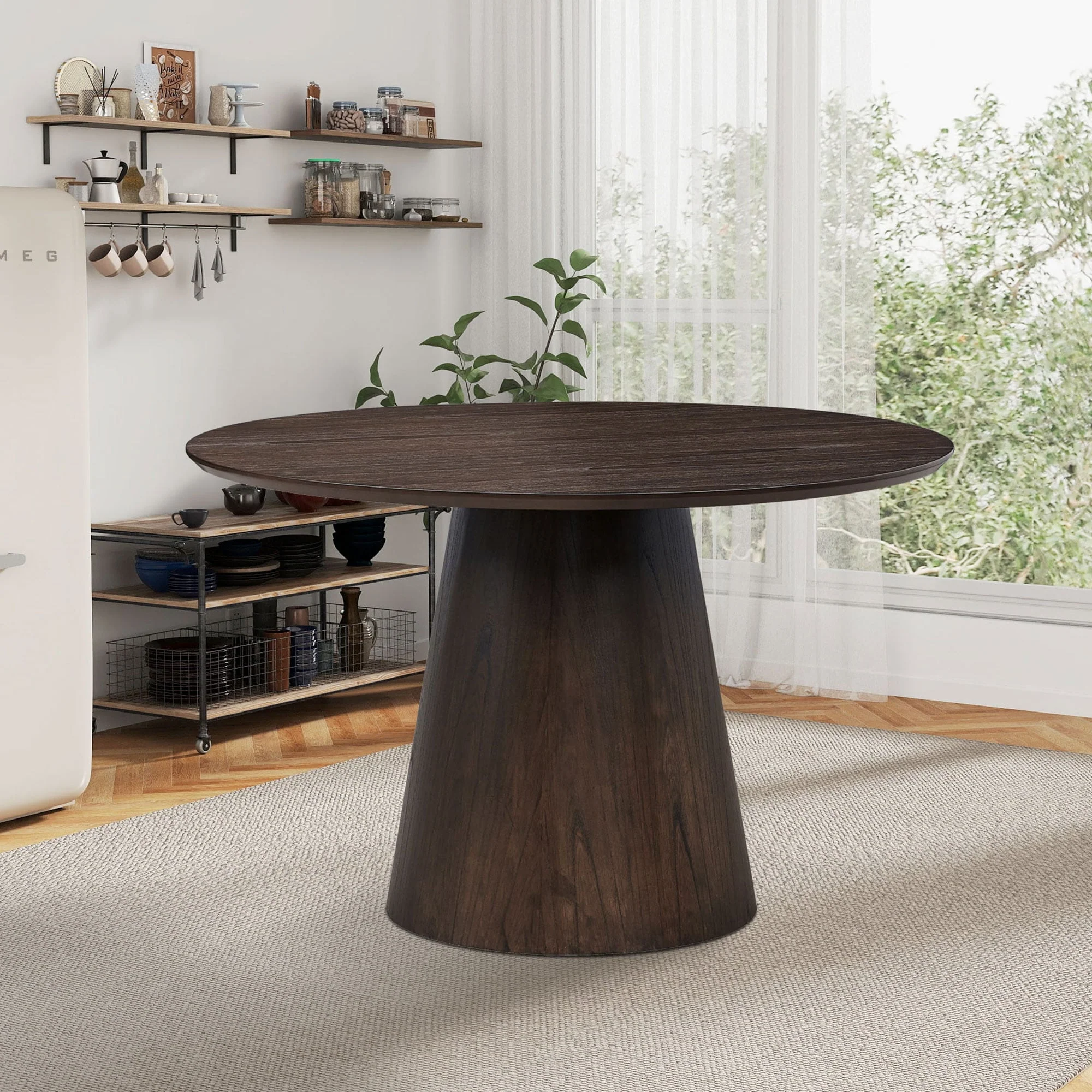 47.24'' Modern Round Wooden Table with Sturdy Cylindrical Base, Suitable for Kitchen, Living Room, Café, Stylish Casual Table