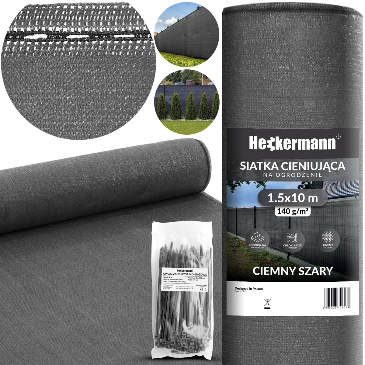 Zestaw Siatka cieniująca 1,5x10m Heckermann - Szara   Opaski zaciskowe 100