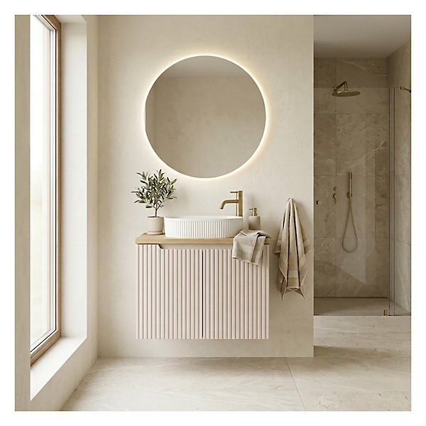 Ensemble de salle de bain VANO cachemire et chene 60cm : meuble sous vasque à placards rainuré verticalement et plan pour vasque