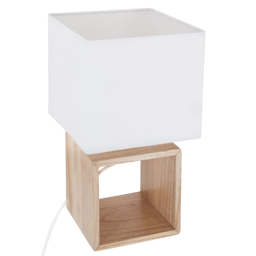 Lampa stołowa drewniana podstawa biała 32x18 cm kwadratowy abażur