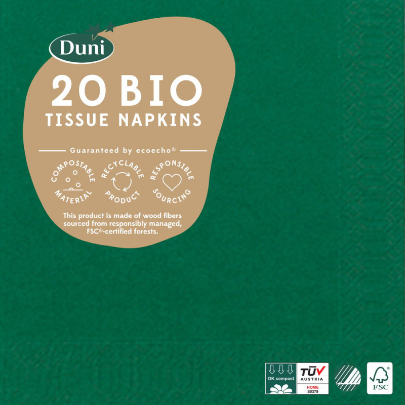 Serviette en tissu Bio 3 plis vert foncé 24 x 24 cm 20 pièces DUNI