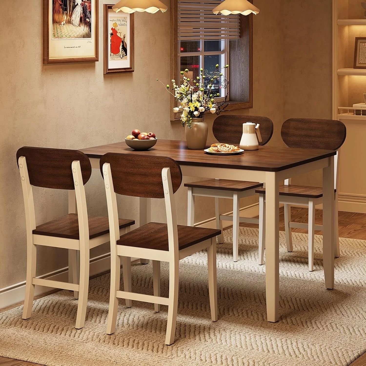 Rectangle Wooden Dining Table Set for 4, Brown
