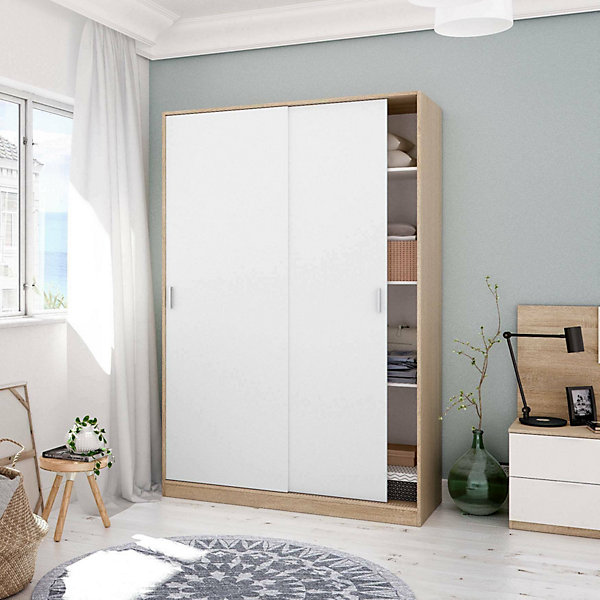 Garde-robe 2 portes Adrenalin, Armoire de chambre, Armoire avec 4 étagères et tringle à vêtements, 120x50h200 cm, Chêne et Blanc