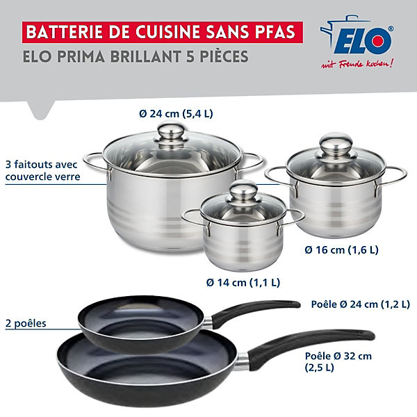 Ensemble de 2 Poêles de cuisson 24 et 32 cm et 3 faitouts 14, 16 et 24 cm Elo Prima Brillant